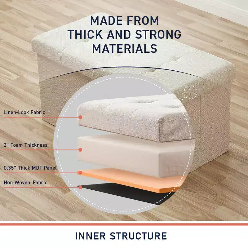 Banc de rangement ottoman pliable en lin capitonné de 30 pouces Ornavo Home