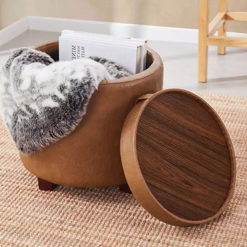 Pouf de rangement rond en similicuir Ornavo Home Lawrence avec couvercle transformable en table