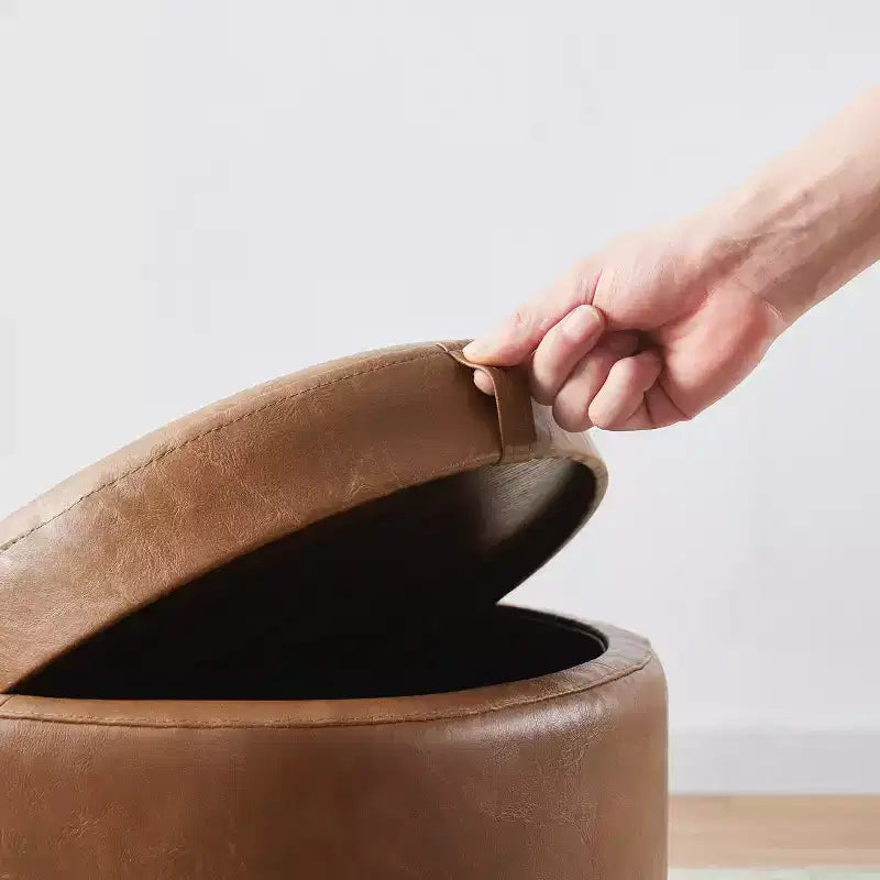 Pouf de rangement rond en similicuir Ornavo Home Lawrence avec couvercle transformable en table