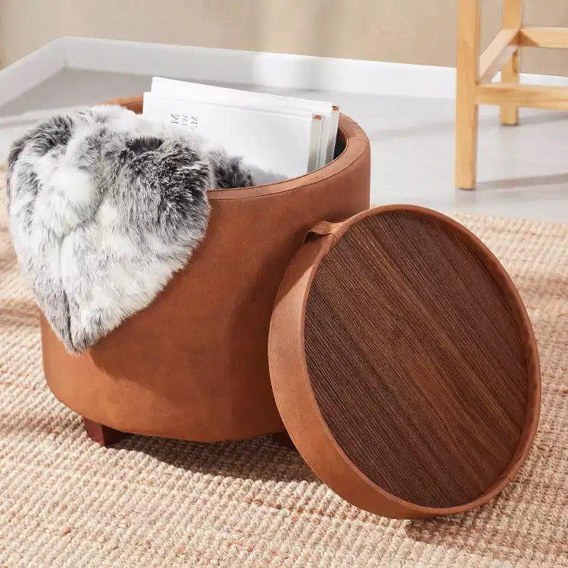 Pouf de rangement rond en similicuir Ornavo Home Lawrence avec couvercle transformable en table