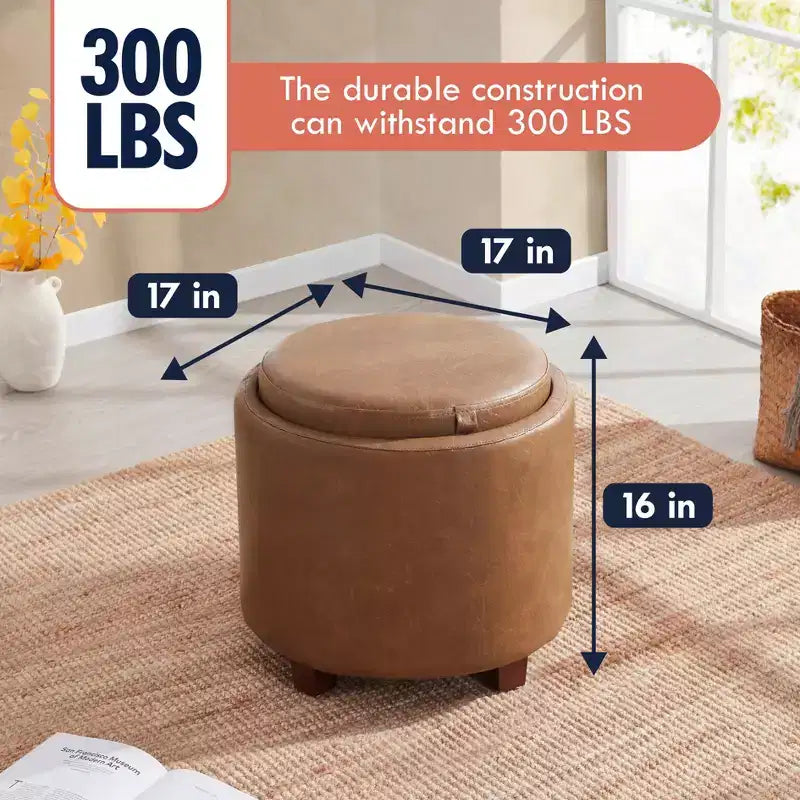 Pouf de rangement rond en similicuir Ornavo Home Lawrence avec couvercle transformable en table