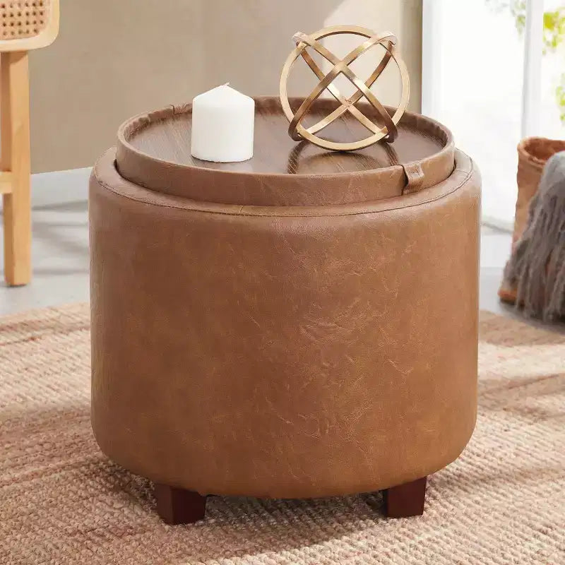 Pouf de rangement rond en similicuir Ornavo Home Lawrence avec couvercle transformable en table
