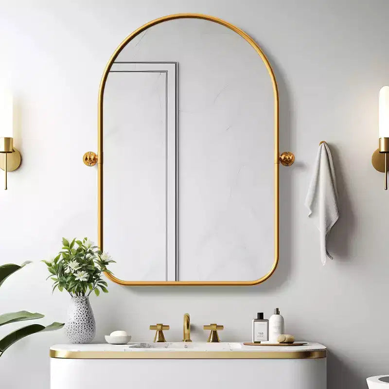 Iron Art Round Corner Arch-shaped Gold Color Rotatable Hardware Wall Mirror 91*61*4cm