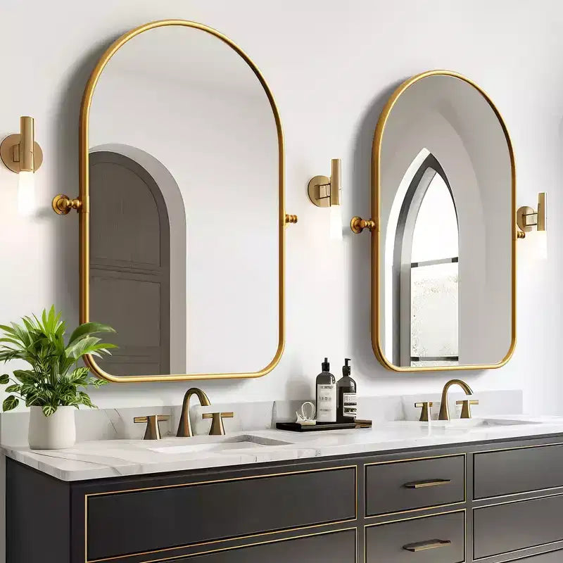 Miroir mural en fer forgé avec cadre doré, coins arrondis et rotatif 91*61*4cm
