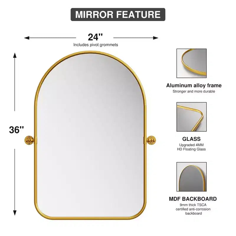 Miroir mural en fer forgé avec cadre doré, coins arrondis et rotatif 91*61*4cm