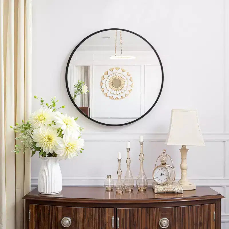 23.6 inch Black Aluminum Round Wall Mirror with Slim Frame Wall-mounted Bathroom Mirror