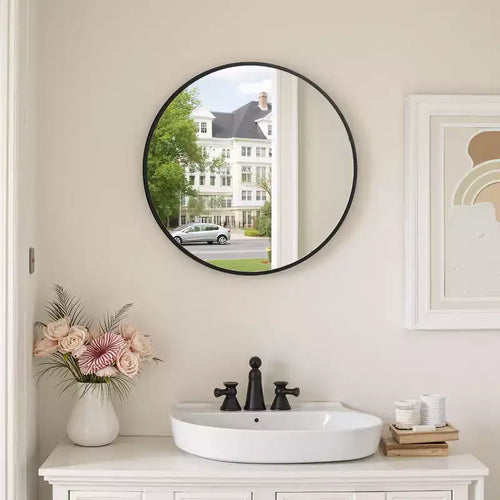 Miroir mural rond noir en aluminium de 23,6 pouces avec cadre fin Miroir de salle de bain mural