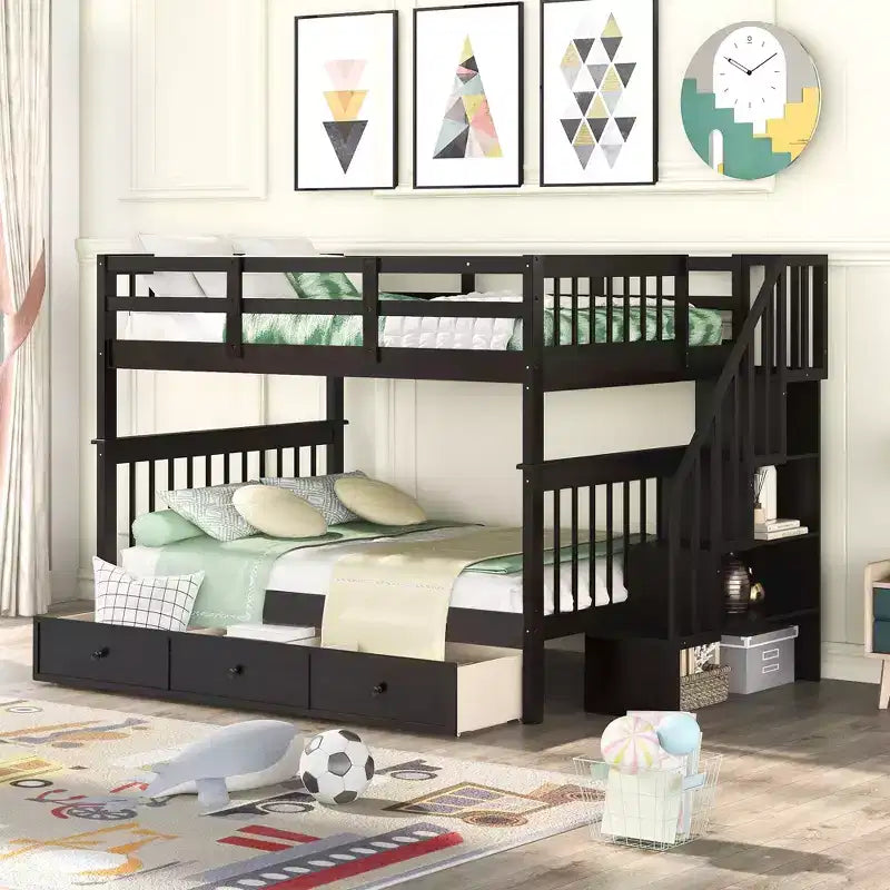 Lit superposé double Whisen avec tiroir, rangement et barrière de sécurité pour chambre à coucher