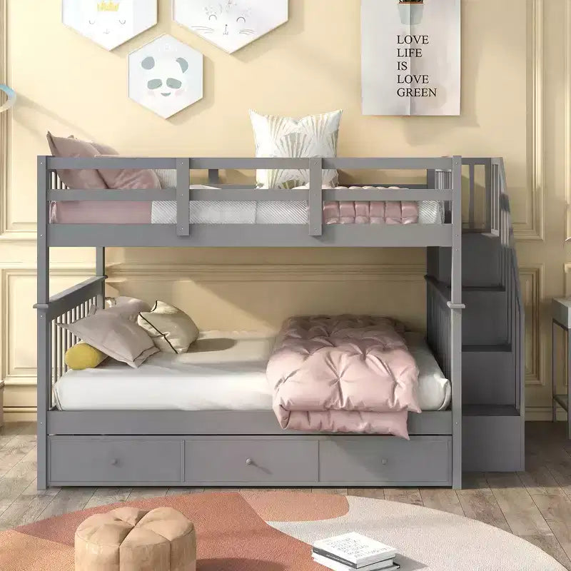 Lit superposé double Whisen avec tiroir, rangement et barrière de sécurité pour chambre à coucher