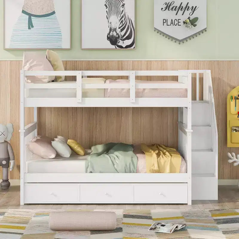 Lit superposé double Whisen avec tiroir, rangement et barrière de sécurité pour chambre à coucher