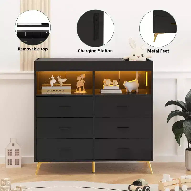 Commode de chambre à 6 tiroirs, commode à langer pour bébé avec matelas à langer
