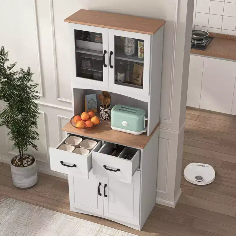 Meuble de Cuisine en Bois Blanc, Armoire de Rangement pour Cellier, Meuble Micro-Ondes avec Portes Vitrées et Tiroir