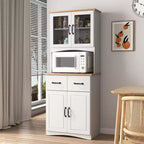 Meuble de Cuisine en Bois Blanc, Armoire de Rangement pour Cellier, Meuble Micro-Ondes avec Portes Vitrées et Tiroir
