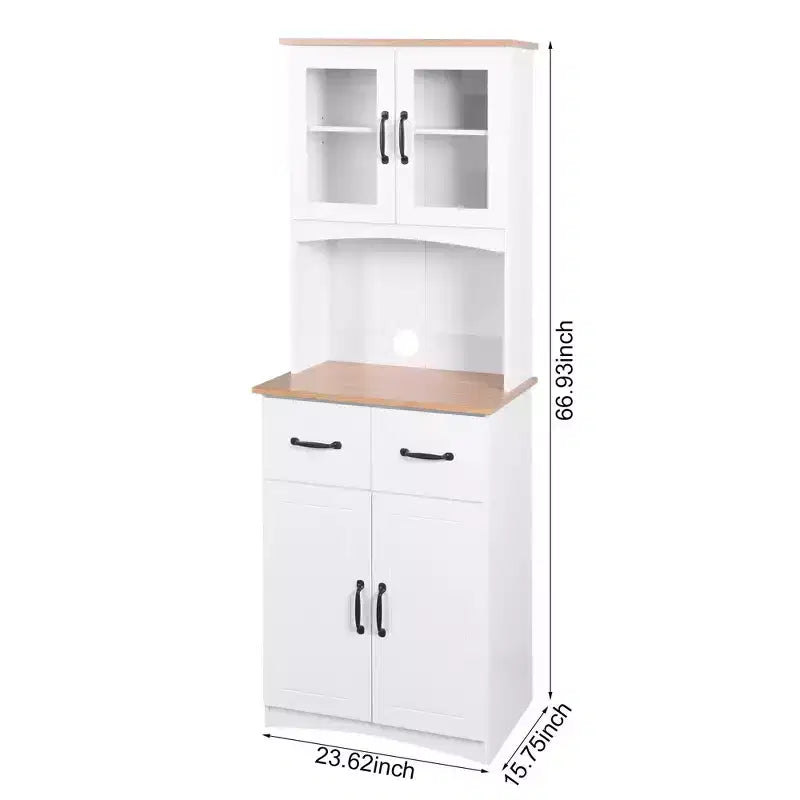 Meuble de Cuisine en Bois Blanc, Armoire de Rangement pour Cellier, Meuble Micro-Ondes avec Portes Vitrées et Tiroir