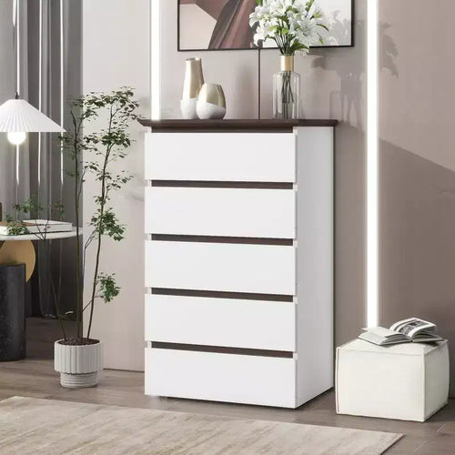 5 Drawer Dresser for Bedroom, Modern Closet Dressers Chest of Drawers, White & Walnut color Storage Dresser Chest Cabinet Organizer Unit