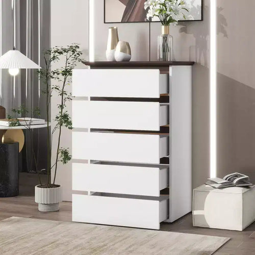 Commode à 5 tiroirs pour chambre, commode de chambre moderne, tiroirs de rangement, unité de rangement de couleur blanche et noyer