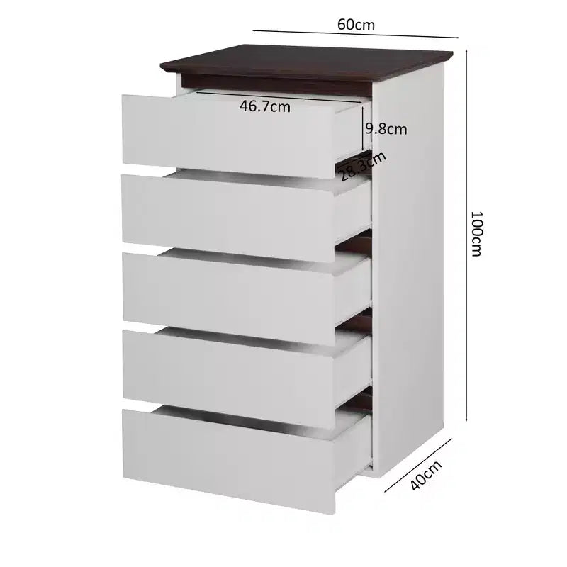Commode à 5 tiroirs pour chambre, commode de chambre moderne, tiroirs de rangement, unité de rangement de couleur blanche et noyer