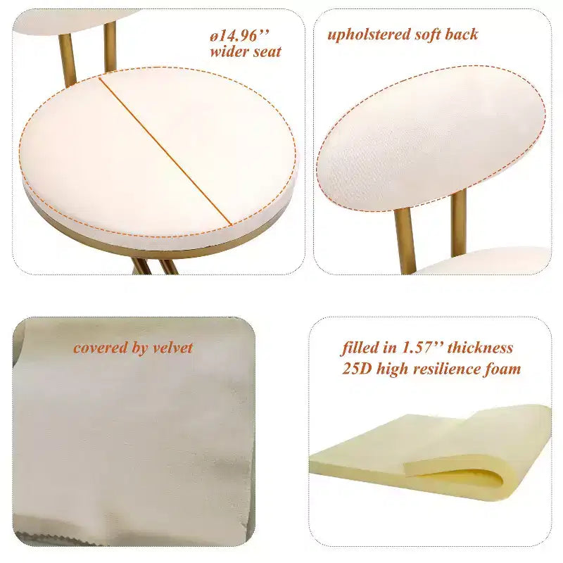 Tabourets de bar ronds Vatros, chaises de comptoir modernes rembourrées en velours pour salle à manger