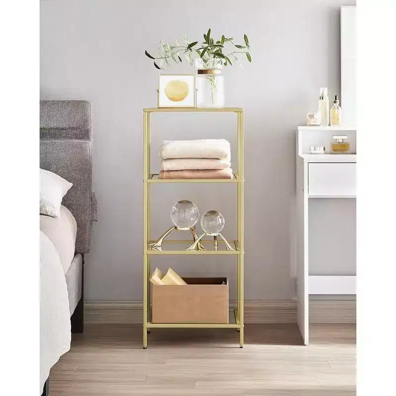 Étagère bibliothèque mince à 4 niveaux avec verre trempé et cadre en acier, étagère de rangement pour bureau à domicile, chambre à coucher