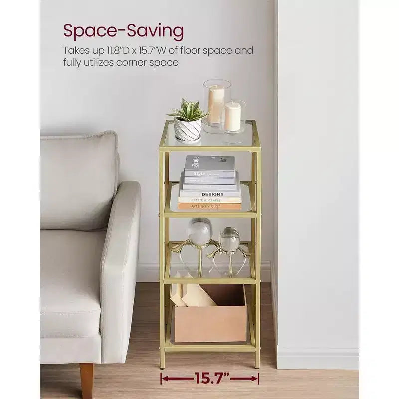 Étagère bibliothèque mince à 4 niveaux avec verre trempé et cadre en acier, étagère de rangement pour bureau à domicile, chambre à coucher