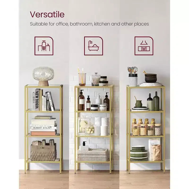 Étagère bibliothèque mince à 4 niveaux avec verre trempé et cadre en acier, étagère de rangement pour bureau à domicile, chambre à coucher