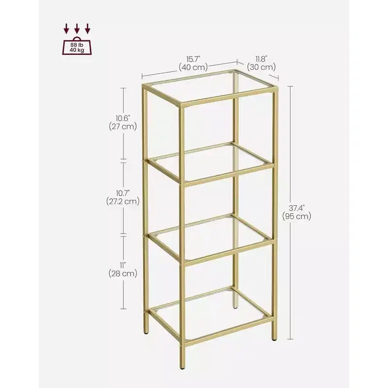 Étagère bibliothèque mince à 4 niveaux avec verre trempé et cadre en acier, étagère de rangement pour bureau à domicile, chambre à coucher