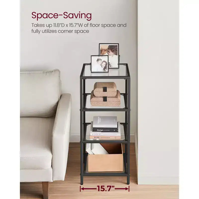 Étagère bibliothèque mince à 4 niveaux avec verre trempé et cadre en acier, étagère de rangement pour bureau à domicile, chambre à coucher