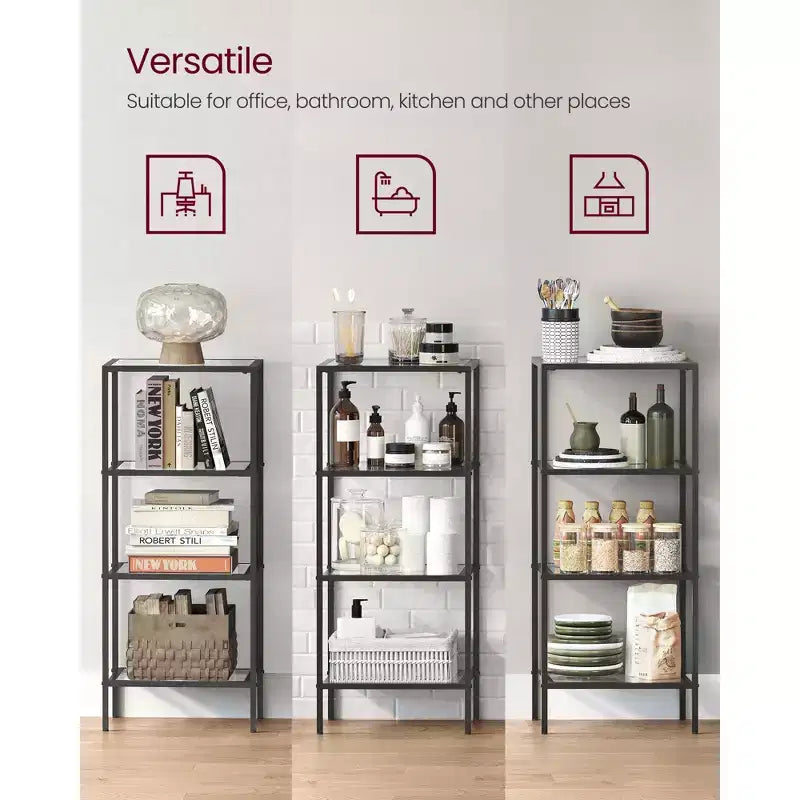 Étagère bibliothèque mince à 4 niveaux avec verre trempé et cadre en acier, étagère de rangement pour bureau à domicile, chambre à coucher