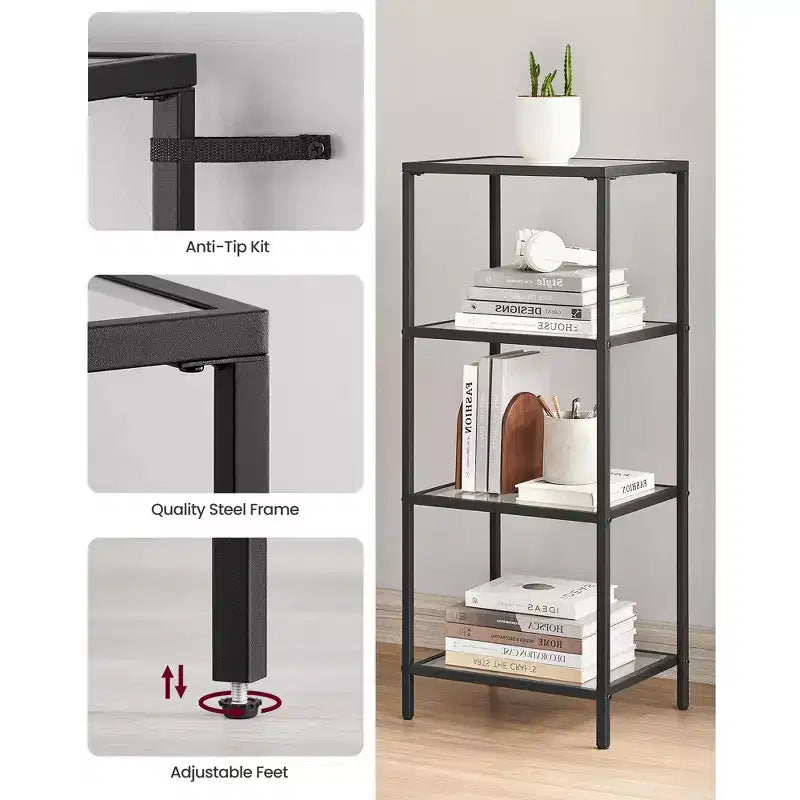 Étagère bibliothèque mince à 4 niveaux avec verre trempé et cadre en acier, étagère de rangement pour bureau à domicile, chambre à coucher