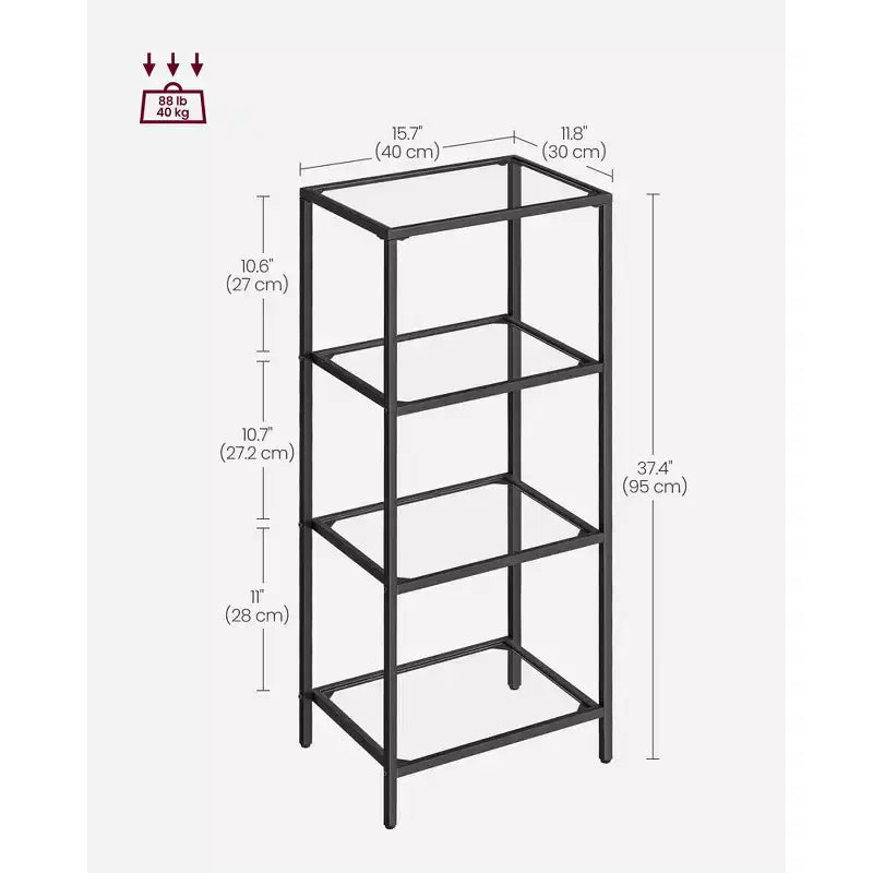 Étagère bibliothèque mince à 4 niveaux avec verre trempé et cadre en acier, étagère de rangement pour bureau à domicile, chambre à coucher