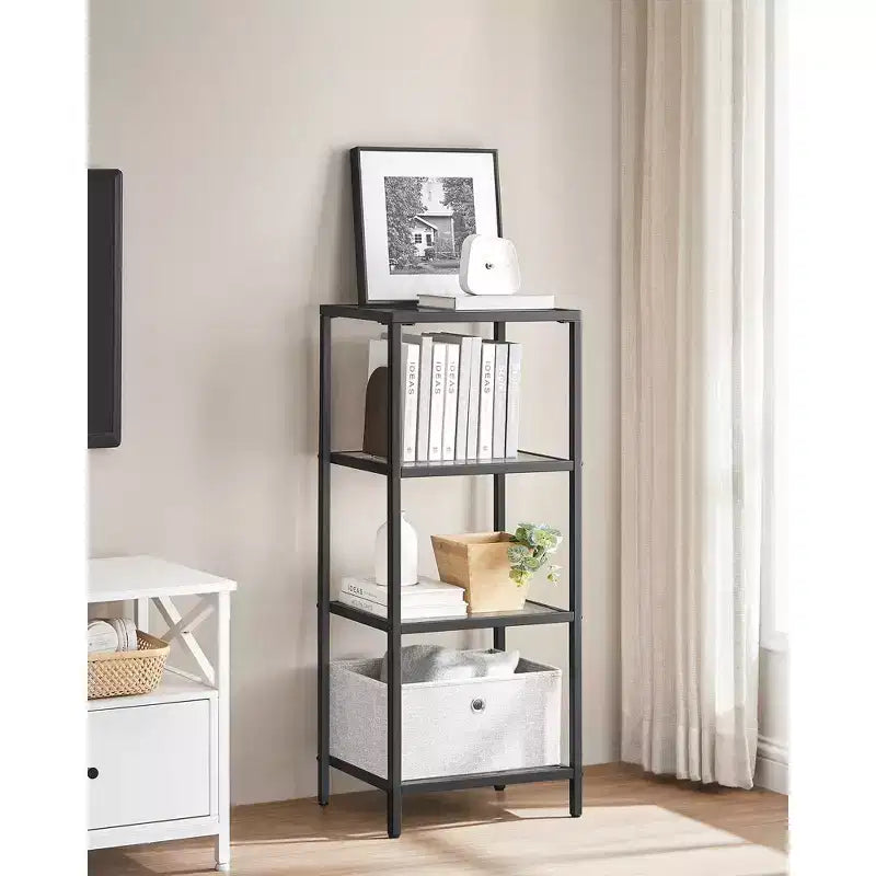 4-Tier Slim Bookcase with Tempered Glass & Steel Frame,Storage Shelf for Home Office, Bedroom