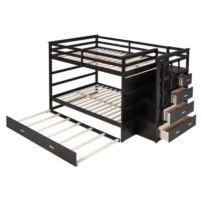 Lit superposé double sur double avec lit gigogne simple, tiroirs de rangement et escalier, cadre de lit mezzanine en bois - ModernLuxe