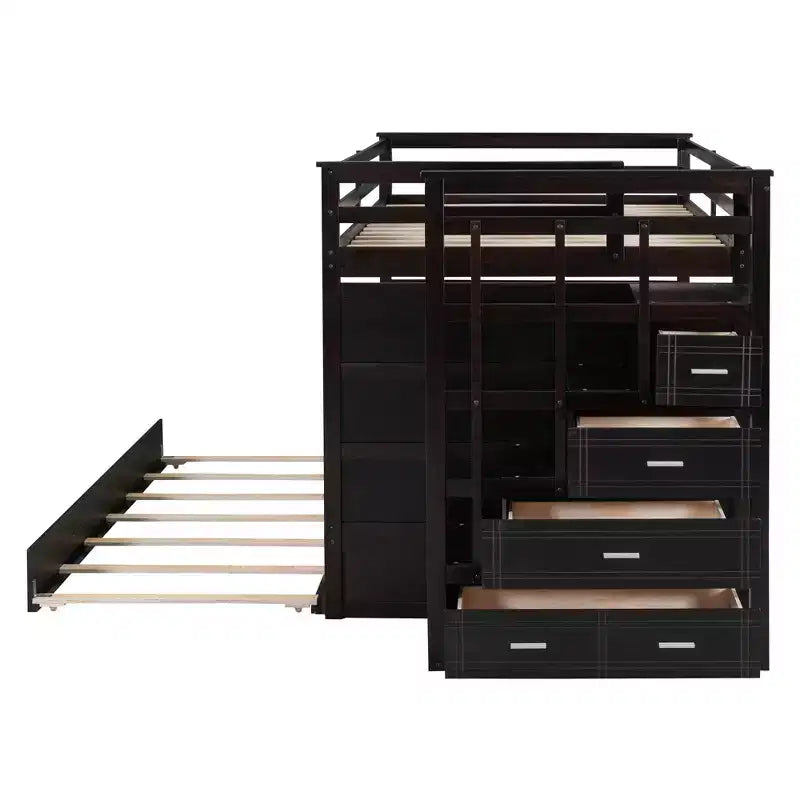Lit superposé double sur double avec lit gigogne simple, tiroirs de rangement et escalier, cadre de lit mezzanine en bois - ModernLuxe