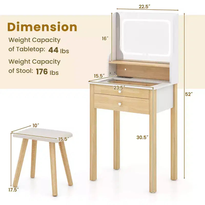 Coiffeuse Costway avec miroir LED réglable et prises de courant, petite, blanc