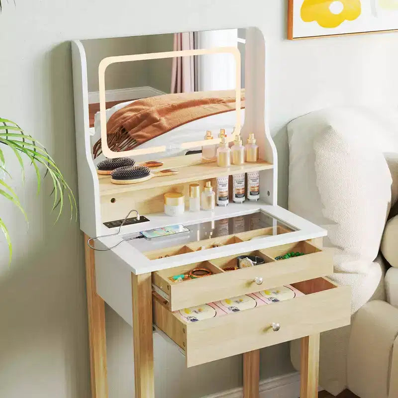 Coiffeuse Costway avec miroir LED réglable et prises de courant, petite, blanc
