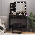 Coiffeuse avec prise électrique, coiffeuse de maquillage avec grand miroir et lumières LED, 7 tiroirs et tabouret rembourré