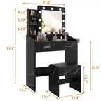 Coiffeuse avec prise électrique, coiffeuse de maquillage avec grand miroir et lumières LED, 7 tiroirs et tabouret rembourré