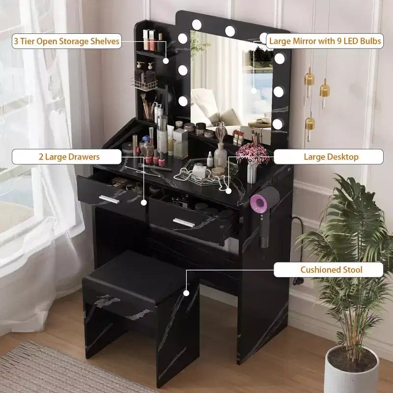 Coiffeuse avec prise électrique, coiffeuse de maquillage avec grand miroir et lumières LED, 7 tiroirs et tabouret rembourré