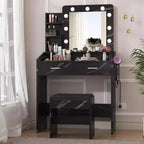 Coiffeuse avec prise électrique, coiffeuse de maquillage avec grand miroir et lumières LED, 7 tiroirs et tabouret rembourré