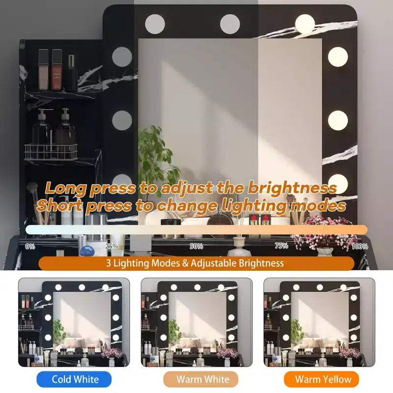 Coiffeuse avec prise électrique, coiffeuse de maquillage avec grand miroir et lumières LED, 7 tiroirs et tabouret rembourré