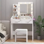 Coiffeuse avec prise électrique, coiffeuse de maquillage avec grand miroir et lumières LED, 7 tiroirs et tabouret rembourré