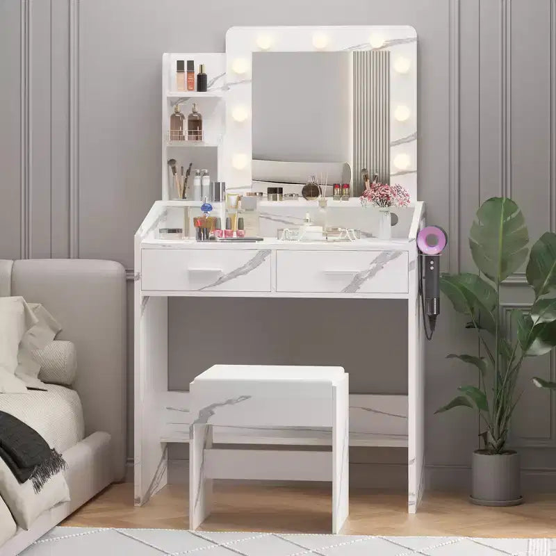 Coiffeuse avec prise électrique, coiffeuse de maquillage avec grand miroir et lumières LED, 7 tiroirs et tabouret rembourré