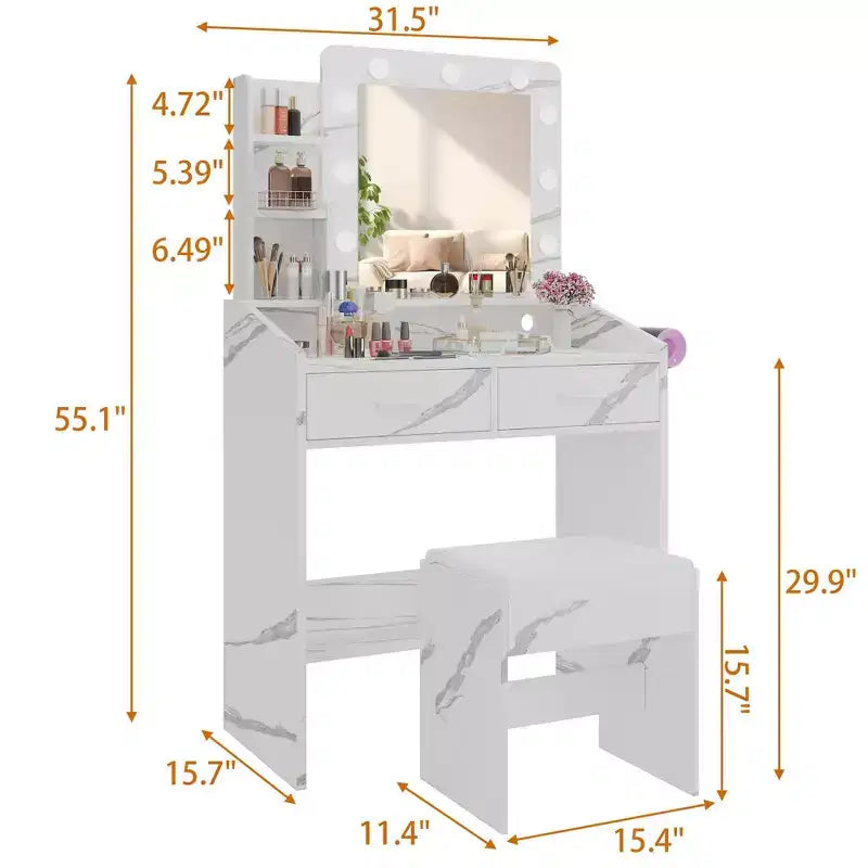 Coiffeuse avec prise électrique, coiffeuse de maquillage avec grand miroir et lumières LED, 7 tiroirs et tabouret rembourré