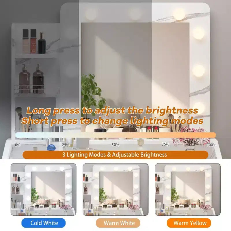 Coiffeuse avec prise électrique, coiffeuse de maquillage avec grand miroir et lumières LED, 7 tiroirs et tabouret rembourré