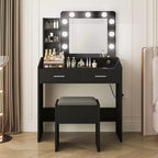 Coiffeuse avec prise électrique, coiffeuse de maquillage avec grand miroir et lumières LED, 7 tiroirs et tabouret rembourré