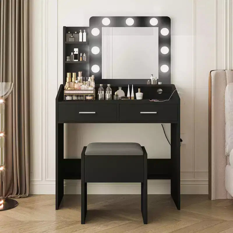 Coiffeuse avec prise électrique, coiffeuse de maquillage avec grand miroir et lumières LED, 7 tiroirs et tabouret rembourré