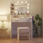 Coiffeuse avec prise électrique, coiffeuse de maquillage avec grand miroir et lumières LED, 7 tiroirs et tabouret rembourré