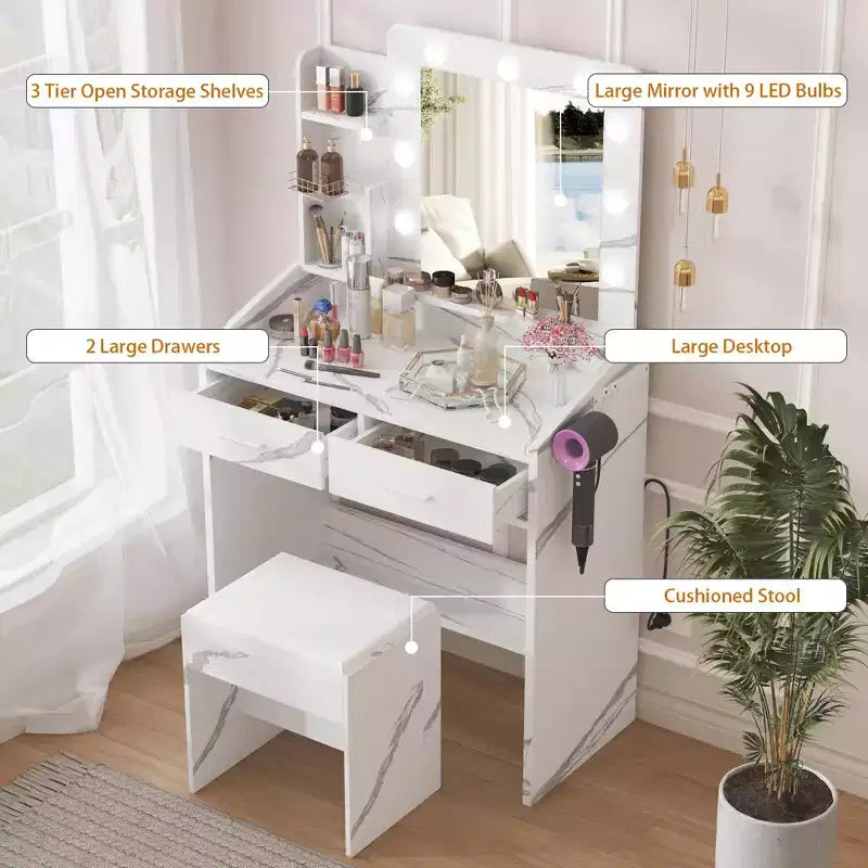 Coiffeuse avec prise électrique, coiffeuse de maquillage avec grand miroir et lumières LED, 7 tiroirs et tabouret rembourré