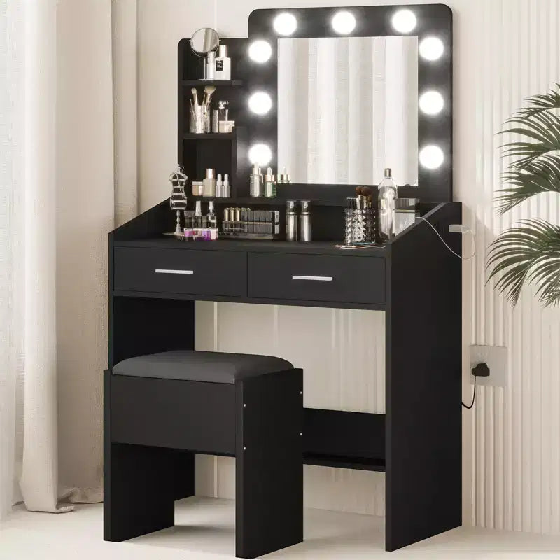 Coiffeuse avec prise électrique, coiffeuse de maquillage avec grand miroir et lumières LED, 7 tiroirs et tabouret rembourré