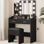 Coiffeuse avec prise électrique, coiffeuse de maquillage avec grand miroir et lumières LED, 7 tiroirs et tabouret rembourré